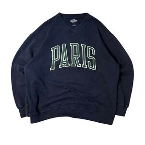 Hollister Sweatshirt Medium Navy Blue Paris Graphic V-Neck Oversized